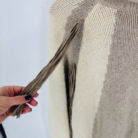 Vintage I.B. Diffusion Fringe Turtleneck Sweater Taupe Cream Silk Angora Size M - Picture 4 of 7